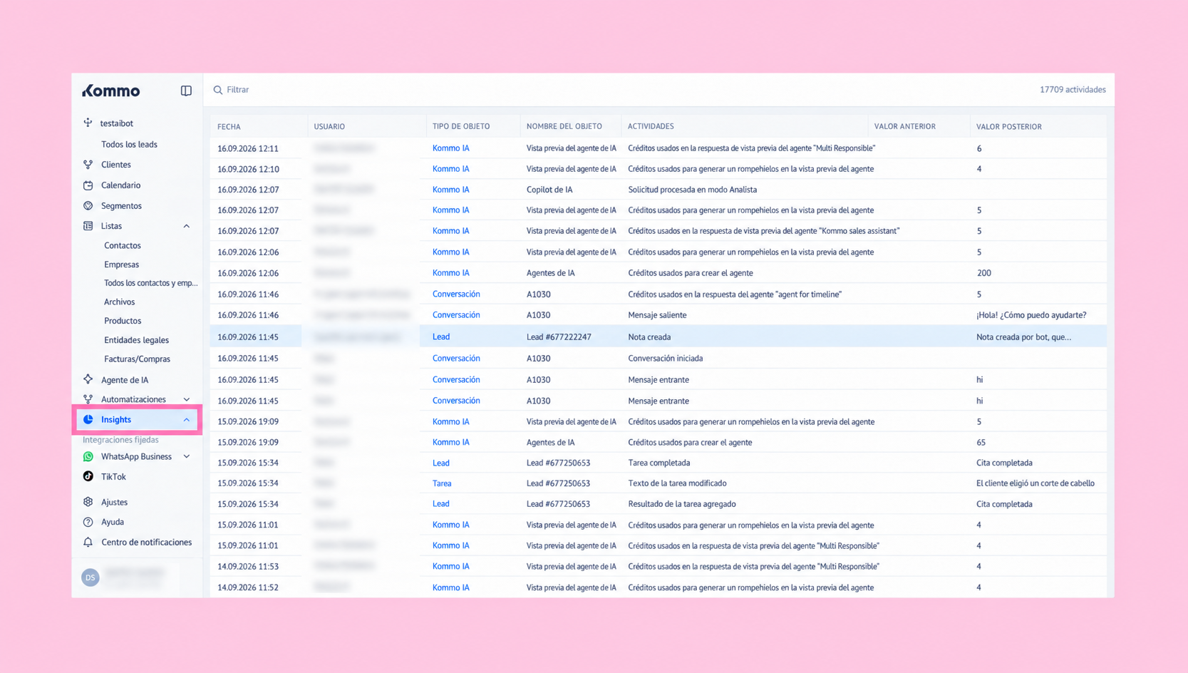Overview of user activities and insights in the Kommo platform interface.
